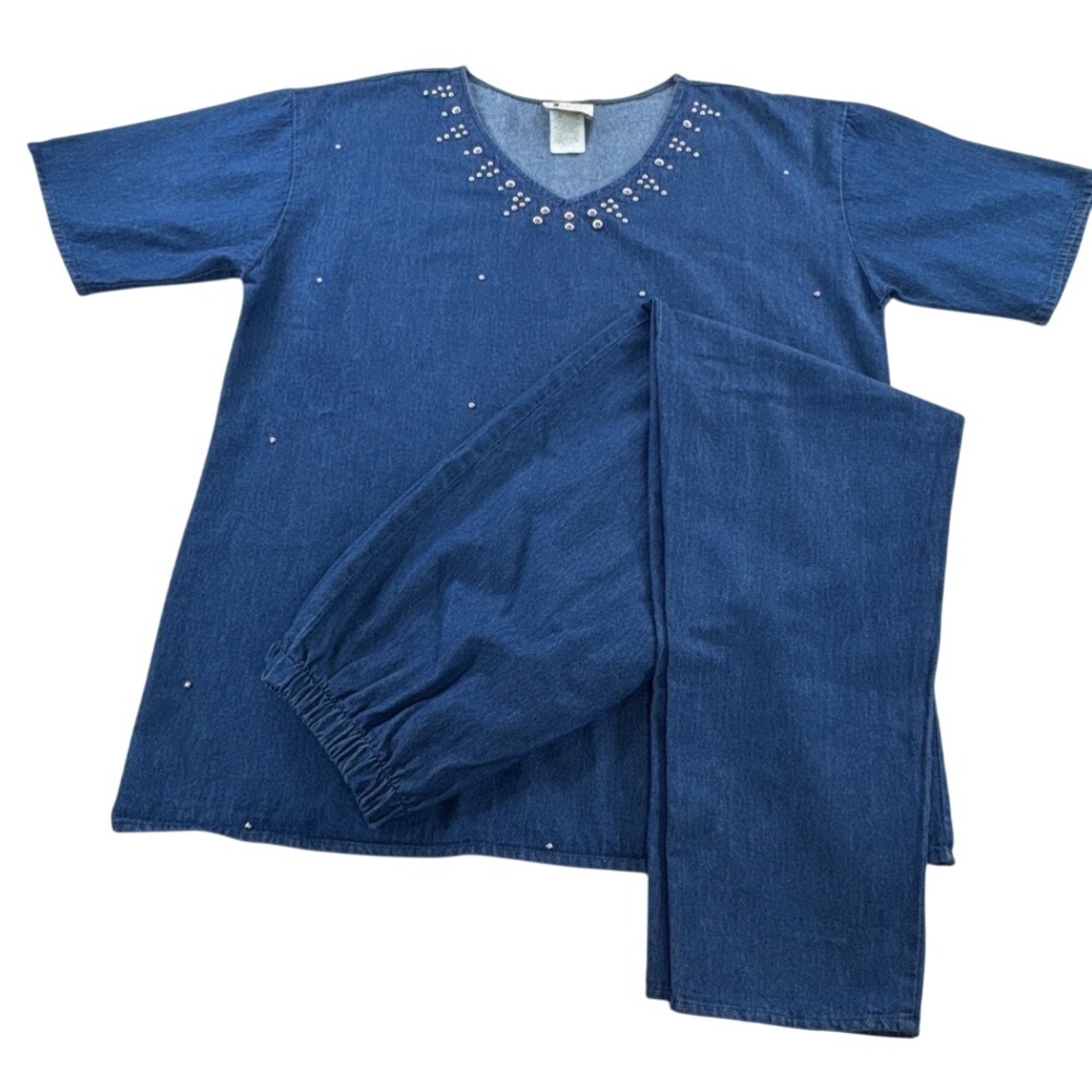 Vintage Visage USA Denim Look Studded Top Pants Set‎ 90s Cotton Medium